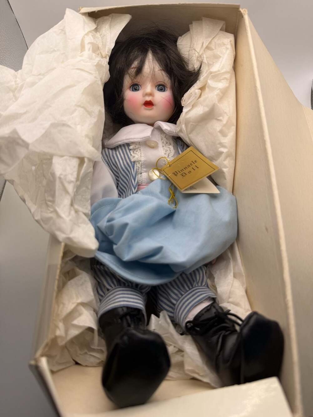 Pinnacle Doll Porcelain Collector Doll Blue Striped Outfit with Box